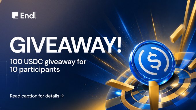 The image is a promotional graphic for Endl's giveaway, featuring the "Endl" logo and large text reading "GIVEAWAY! 100 USDC giveaway for 10 participants" against a dark blue background with a glowing USDC coin and golden rings. It visually supports the post's announcement of an onchain USDC giveaway by highlighting the prize amount, winner count, and a prompt to "Read caption for details" for entry instructions.