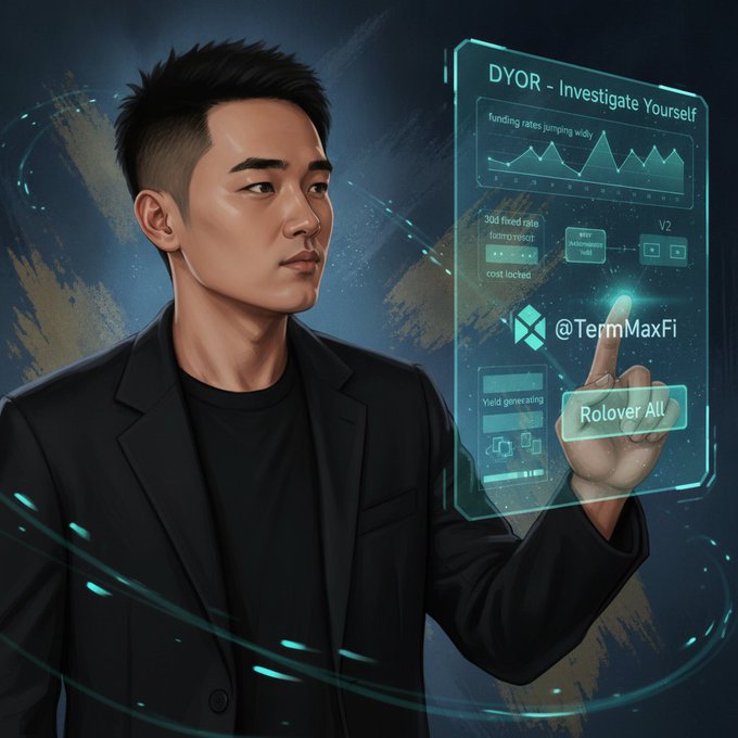 A digital illustration of a man in a black suit interacting with a holographic interface displaying financial charts, with text including 'DYOR - Investigate Yourself', 'funding rates jumping wildly', '@TermMaxFi', and a 'Rollover All' button.