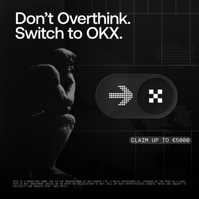 An OKX promotional ad features Auguste Rodin's "The Thinker" sculpture next to the tagline "Don't Overthink. Switch to OKX," alongside an offer to "CLAIM UP TO €5,000" with regulatory disclaimers. The image visually reinforces the post's message by symbolizing overthinking and encouraging European users to take advantage of the limited-time 8% deposit bonus before the 10-day window expires.