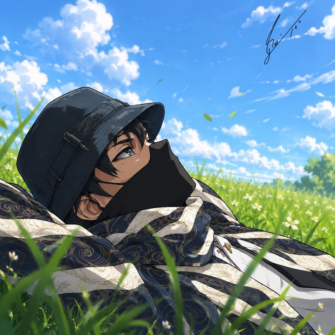 An anime-style illustration of a person wearing a black bucket hat and a patterned cloak, lying in a grassy field under a blue sky with clouds, signed by the artist.