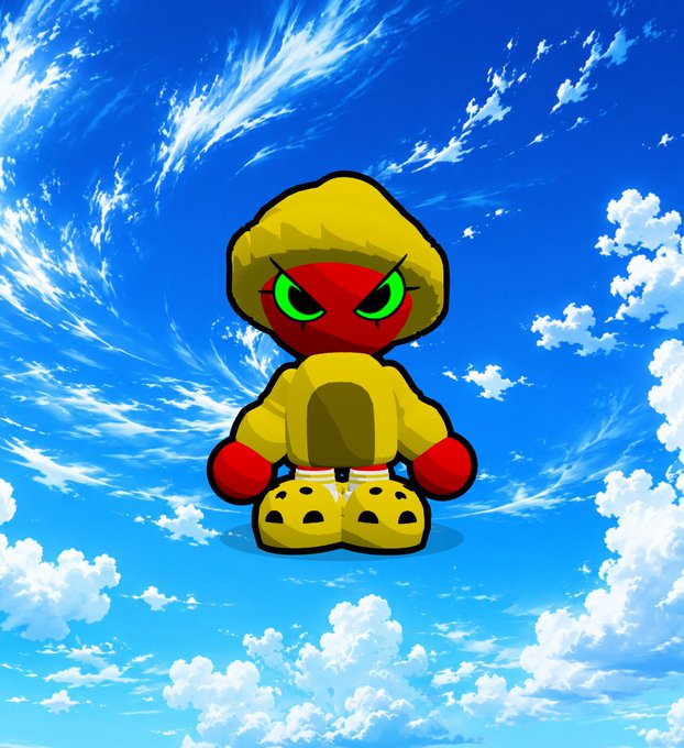 A cartoon-style illustration of a red alien character with green eyes wearing a yellow puffy jacket and shoes, set against a bright blue sky with white clouds.