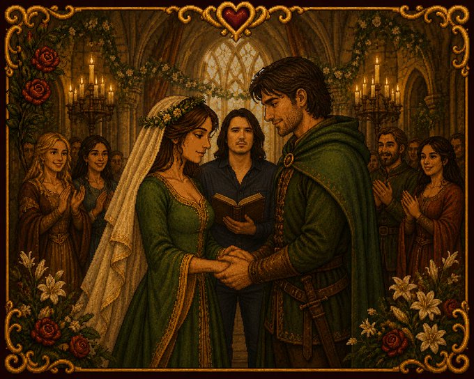 A romantic fantasy illustration of a wedding ceremony in a candlelit cathedral, with a bride in green gown and floral veil, a groom in a green cloak, and an officiant holding a book, framed by an ornate golden border with a heart at the top.