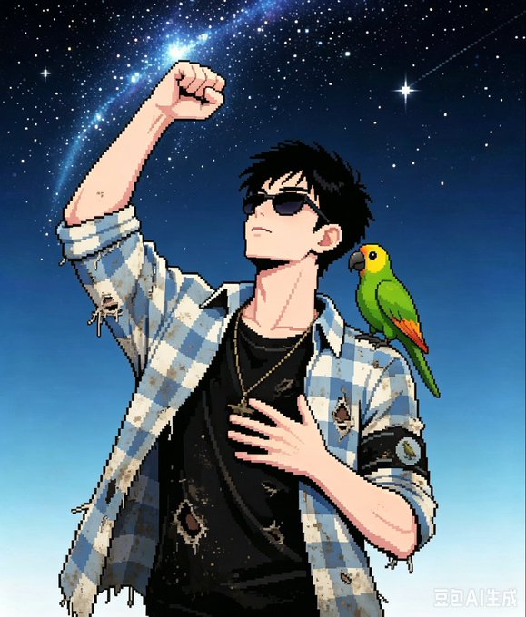 An anime-style illustration of a young man with black hair and sunglasses, wearing a blue plaid shirt over a black t-shirt, with a green parrot on his shoulder against a starry night sky. Watermark reads '豆包AI生成'.