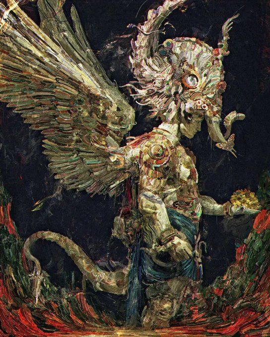 A dark, impasto-style oil painting depicting a monstrous, skeletal winged figure with multiple eyes, holding what appears to be a small object amidst flames.