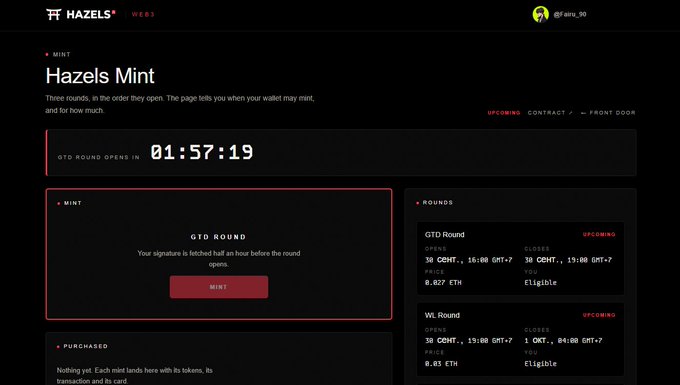 A screenshot of the Hazels Web3 interface shows a 'Hazels Mint' page with a countdown timer of 01:57:19, detailing a GTD Round priced at 0.027 ETH with a 'CLOSES' status.