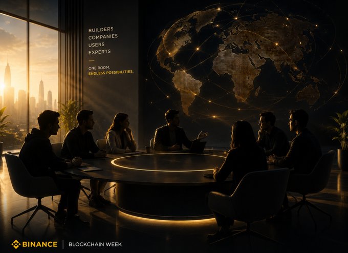 The image shows a panel discussion featuring a 44-year-old female team leader and her diverse female team (ages 23-37) at an office, promoting "BINANCE BLOCKCHAIN WEEK" with on-screen text highlighting "BUILDERS," "COMPANIES," and "USERS" as key drivers of the crypto industry beyond just price movements.

The visual reinforces the post's message by showcasing real people—builders, colleagues, and users—collaborating on blockchain projects, illustrating that the crypto industry thrives on human innovation and teamwork rather than market speculation alone.