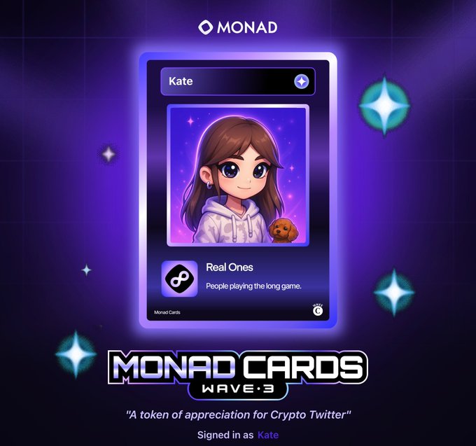 A Monad Cards Wave 3 NFT digital card featuring an anime-style female character named Kate, labeled 'Real Ones - People playing the long game,' with the tagline 'A token of appreciation for Crypto Twitter.'