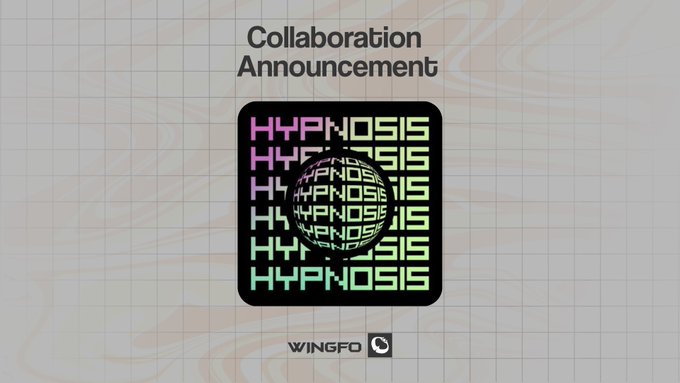 The image features a square graphic on an electronic device that says "Hypnosis" written in bold letters, along with a small purple hypnosis logo next to a green circle that reads "@HypnosisNFT". The background of the image appears to be textured and has a light gray color. On top of the image, there is a caption that provides information about the collaboration between HypnosisNFT and Wingfo. Additionally, there is an icon of the hashtag #collab in the center of the image.