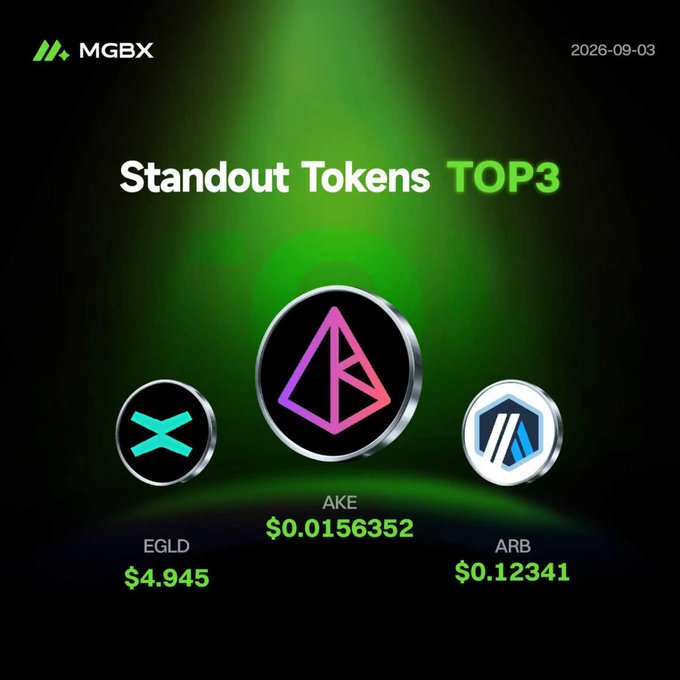 An 'MGBX Standout Tokens TOP3' graphic dated 2026-09-03 featuring EGLD at $4.945, AKE at $0.0156352, and ARB at $0.12341 displayed with their respective coin logos on a green-lit background.