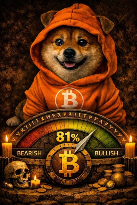 A digital artwork depicting a Shiba Inu dog wearing an orange Bitcoin hoodie, positioned above a Bitcoin-themed gauge showing 81% between "BEARISH" and "BULLISH" labels, with a skull, candles, and gold coins at the base.