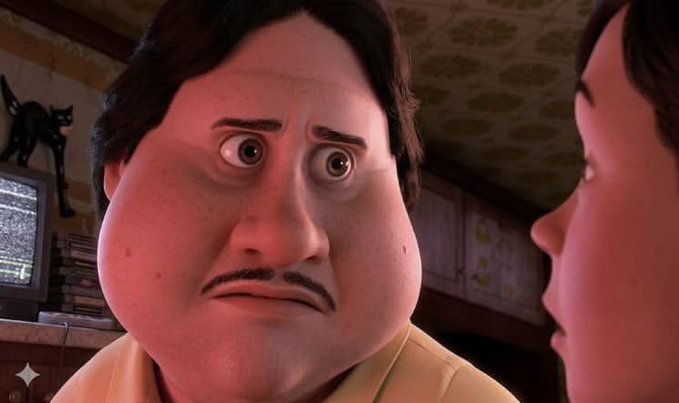 Close-up of an animated character with wide eyes and a mustache looking surprised in an interior setting.