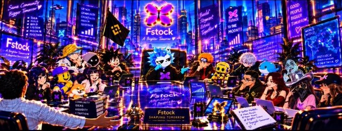 A digital illustration showing a bustling crypto trading floor with 'Fstock' branding, Binance logo, and various anime-style characters.