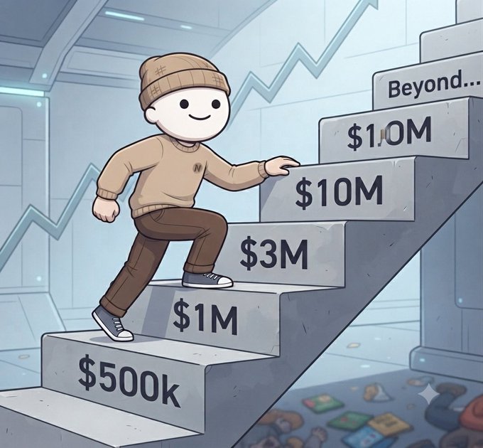 A cartoon illustration of a smiling character in a beanie climbing a staircase labeled with monetary values from '$500k' to 'Beyond...', passing steps like '$1M', '$3M', and '$10M'.