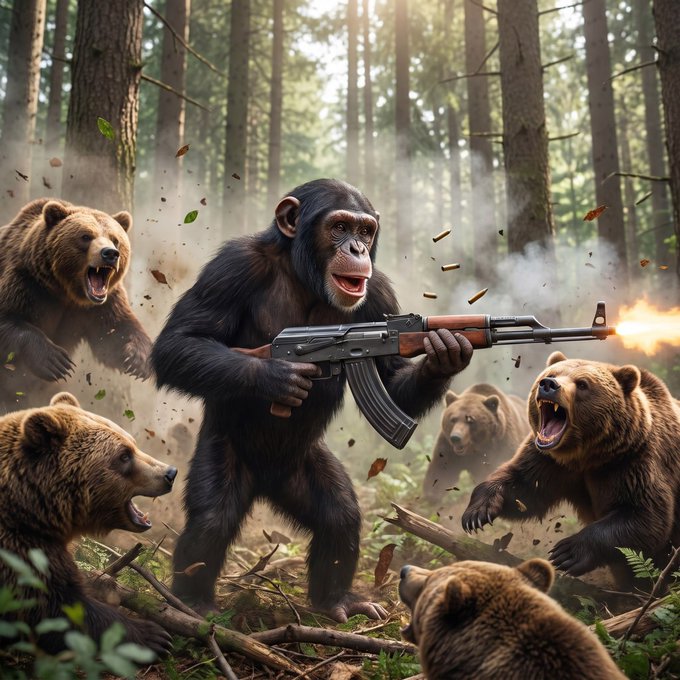 The image shows a chimpanzee wielding an assault rifle in a forest while charging toward three snarling bears, with bullet casings flying and debris scattered around. This dramatic, absurdist battle scene humorously illustrates the post's urgent call to tag @fomo in a $40 giveaway to "fix this issue" among the first 10 responders, suggesting an intense scramble is needed before the situation escalates further.