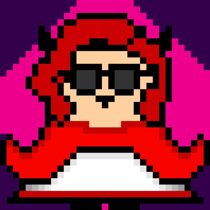 A pixel art image of a red monkey character wearing dark sunglasses against a pink and purple background.
