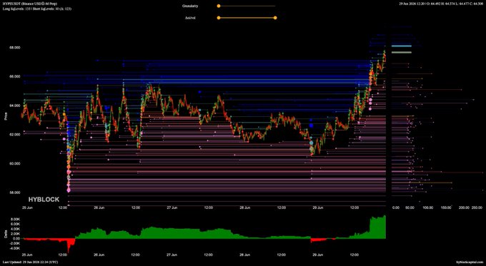 The image is a HYBLOCK Heatmap chart for HYUN/HYPE (Huya Inc) futures showing long/short liquidations across the 90.000-100.000 price range over June 25-29, 2024, with the accompanying post noting that despite HYPE's strong run, the visible liquidation deltas and ratios are giving the trader pause.