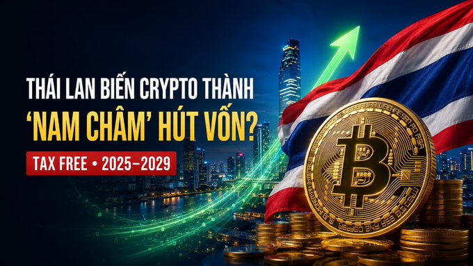 A news graphic with Vietnamese text 'THÁI LAN BIẾN CRYPTO THÀNH 'NAM CHÂM' HÚT VỐN?' and 'TAX FREE • 2025–2029', featuring a Thai flag, Bitcoin coin, and upward arrow over a city skyline.