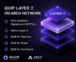 The image features a purple cube stacked atop another, with the topmost layer being labeled "Layer 2" and the bottommost layer being labeled "Post-Quantum Signatures (WOTS+)" against a dark blue background. The text at the bottom of the image reads, "A lot of future-proof crypto narratives still feel speculative to me tbh @quipnetwork already has operational infrastructure: wallet layers ... node participation ... Layer 2 execution ... compute coordination That makes the project feel much more grounded imo".