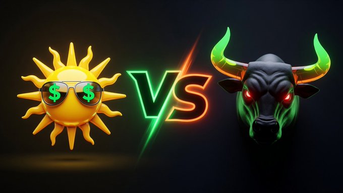 A glowing sun wearing sunglasses with dollar signs faces off against a neon green-eyed bull beside a vibrant "VS" graphic, symbolizing a bullish market battle. The imagery ties to the post's hype around early crypto plays like $ANSEM's growth and the upcoming $SUMMER presale launching July 5.