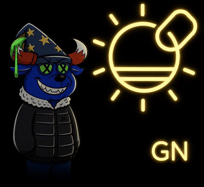 An illustration of a blue cartoon character wearing a wizard hat and a black puffer jacket, standing next to a yellow glowing sun-like logo with the letters 'GN' below it.
