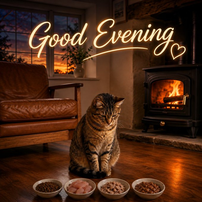 A warm 'Good Evening' greeting image featuring a tabby cat sitting on a wooden floor in a cozy room with a lit stove, leather armchair, sunset window, and four bowls of food in the foreground.