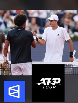 Two tennis players shaking hands over the net at a tournament, with the ATP TOUR logo and a blue geometric icon visible at the bottom.
