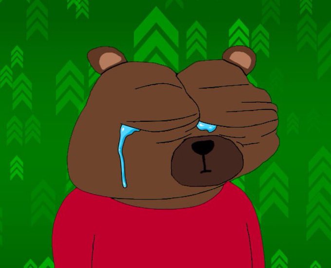 A cartoon illustration of a crying brown bear wearing a red shirt against a green background with tree silhouettes.