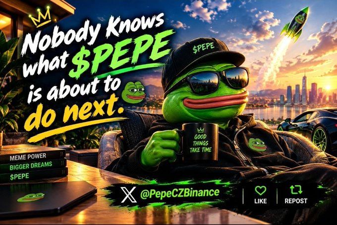 A promotional image for the $PEPE cryptocurrency featuring a cool Pepe frog wearing sunglasses and a '$PEPE' hat, with the text 'Nobody Knows what $PEPE is about to do next' and the handle '@PepeCZBinance'.