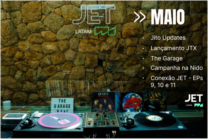 The image shows a poster or advertisement featuring a DJ setup against a stone wall backdrop. The text on the poster indicates that there was a busy month for @jito_sol, JET LATAM, and JTX, with several achievements and updates in the industry.