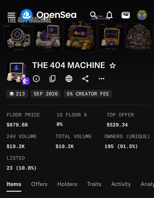 A screenshot of OpenSea showing a collection called "THE 404 MACHINE" with 213 items, a floor price of $679.68, total volume of $19.2K, and 195 unique owners (91.5%).
