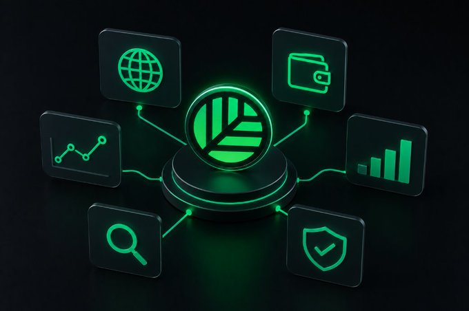 A 3D rendered graphic with a central pie chart icon connected by glowing green lines to surrounding icons representing a globe, wallet, chart, search, and security shield.