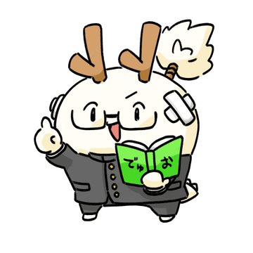 A cute cartoon mascot of a round white character with deer antlers, a bandage, and an angel wing, wearing a black suit and reading a green book labeled "でゅお" (Duo).