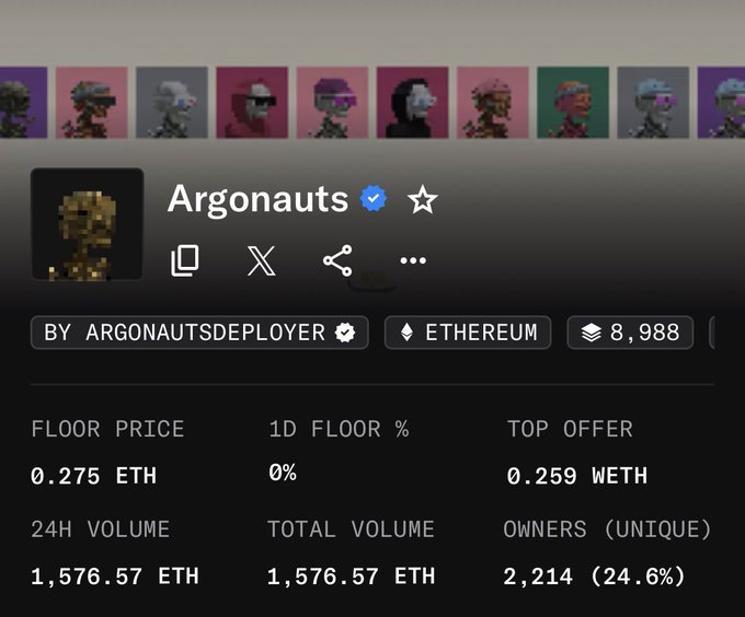 A screenshot of an NFT collection stats page for "Argonauts" by ARGONAUTSDEPLOYER on Ethereum, showing a floor price of 0.275 ETH and 24H volume of 1,576.57 ETH.