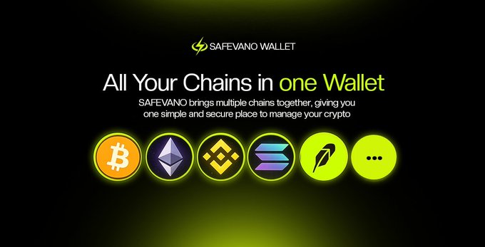 A promotional graphic for "SAFEVANO WALLET" with the tagline "All Your Chains in one Wallet," featuring logos of supported blockchains including Bitcoin, Ethereum, Binance, Solana, and others, highlighting the multi-chain non-custodial wallet built on Robinhood Chain that the post references.