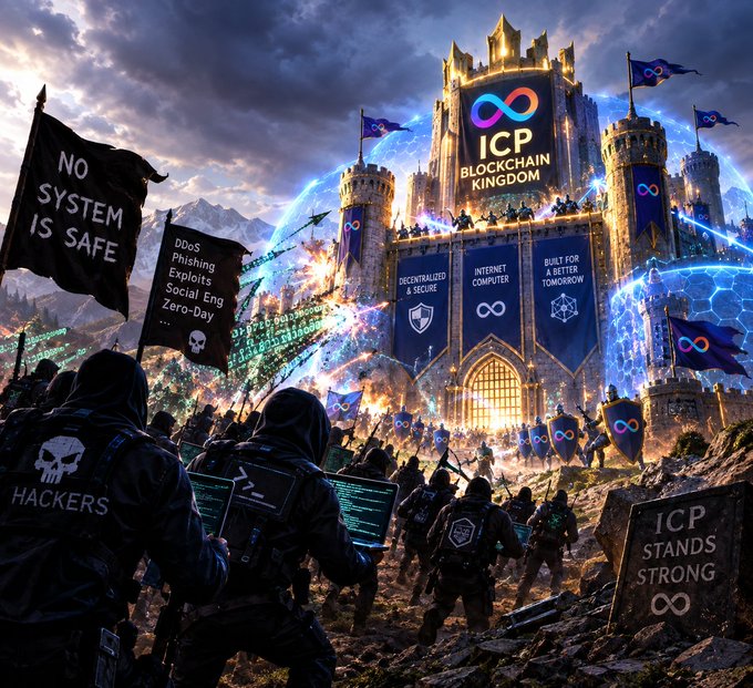A dramatic fantasy battle scene depicting hackers assaulting the "ICP Blockchain Kingdom" castle, with banners warning "NO SYSTEM IS SAFE" and listing threats like "DDoS, Phishing, Exploits" while the fortress defends itself with "ICP STANDS STRONG" and "DECENTRALIZED & SECURE."