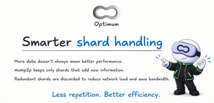 An infographic titled 'Smarter shard handling' features the 'Optimum' logo and a cartoon character, with text explaining that 'mump2p keeps only shards that add new information' and 'Redundant shards are discarded to reduce network load and save bandwidth,' concluding with 'Less repetition. Better efficiency.'