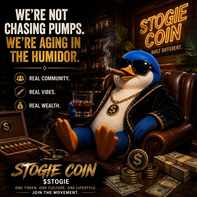 A promotional image for '$TOGIE' (Stogie Coin) featuring a penguin wearing sunglasses and a robe smoking a cigar, with the slogans 'We're not chasing pumps. We're aging in the humidor.'
