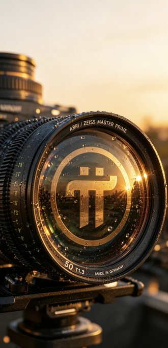A close-up of an ARRI/Zeiss Master Prime 50mm T1.3 cinema lens with the Pi (π) logo reflected in the glass, symbolizing the focus and attention being directed at the Pi Network amid its growing institutional interest. The professional camera equipment mirrors the post's theme of mainstream institutions, platforms, and tech giants turning their lenses toward Pi as pioneers continue building within the ecosystem.