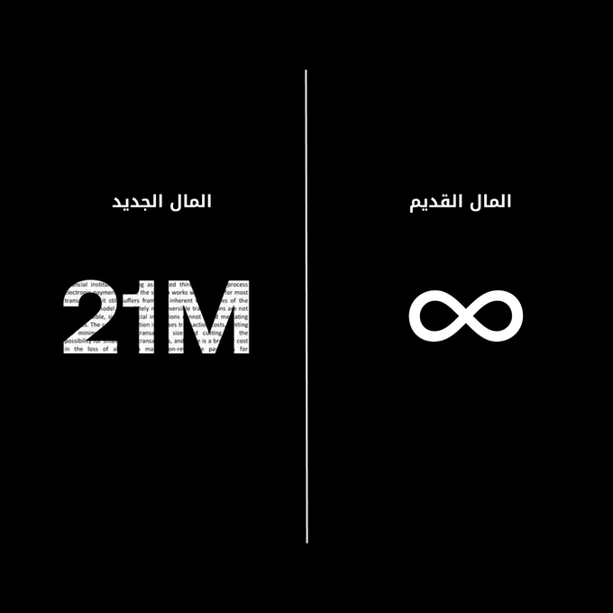 The image is a split-screen comparison in Arabic, showing "21M" on the left labeled "العالم الجديد" (The New World) with newspaper-text filling the numbers, contrasted against an infinity symbol (∞) on the right labeled "العالم القديم" (The Old World), suggesting a transition from a finite, media-driven era to a limitless new one.
