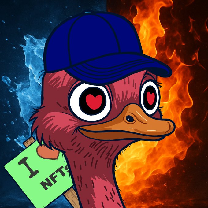 A cartoon illustration shows a red bird-like creature wearing a blue cap with heart-shaped eyes and an 'I ❤️ NFTs' sign, set against a fire and water background.