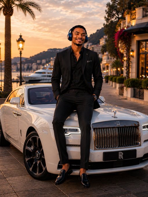 A man in a black suit wearing blue headphones poses leaning against a white Rolls-Royce at sunset in a luxurious waterfront setting.
