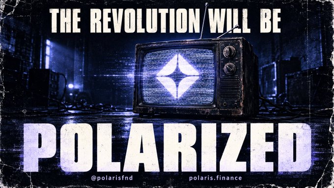 A gritty promotional graphic for 'polaris.finance' (@polarisfnd) featuring an old TV displaying the Ethereum logo with the bold text 'THE REVOLUTION WILL BE POLARIZED'.