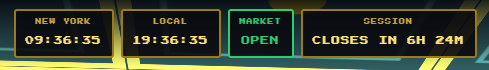 A stylized digital scoreboard displays four panels showing "NEW YORK 09:36:35", "LOCAL 19:36:35", "MARKET OPEN" in green, and "SESSION CLOSES IN 6H 24M", reinforcing the post's message that the staking market is currently open and users can stake now.