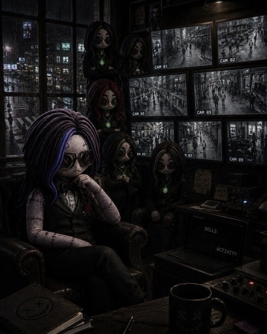 A dark, gothic-style digital artwork depicting a doll-like figure with purple hair and sunglasses sitting in a leather chair, surrounded by other dolls and multiple security camera monitors labeled "CAM 01" through "CAM 09," with a laptop showing "DOLLS ACTIVITY."