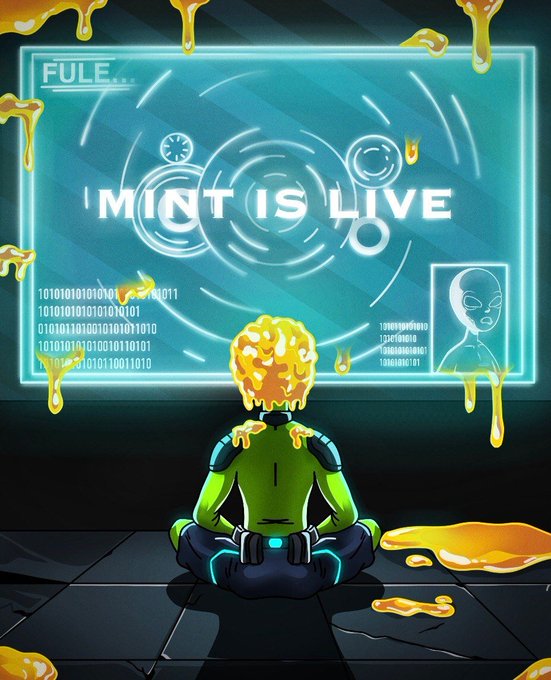The image shows a curly-haired figure in a green spacesuit sitting cross-legged and facing a large glowing screen that displays "MINT IS LIVE" along with binary code and an alien avatar, surrounded by dripping orange liquid. The illustration visually promotes the post's announcement of a one-hour mint event for the GTD collection on OpenSea.