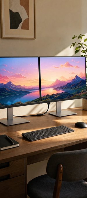 A clean, modern desk setup featuring dual monitors displaying a matching purple sunset mountain landscape wallpaper, accompanied by a wireless keyboard, mouse, and a dark office chair.