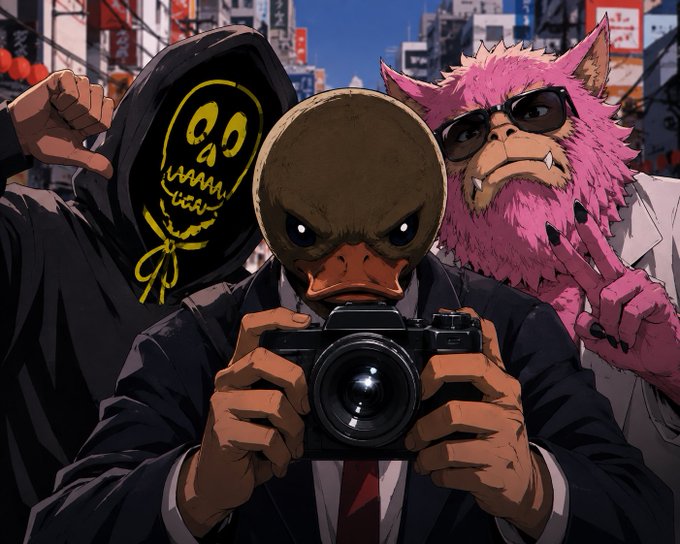An anime-style illustration shows three characters - a hooded figure with a yellow skull mask, a duck-headed man with a camera, and a pink furry monster with sunglasses - posing in front of a Japanese street.