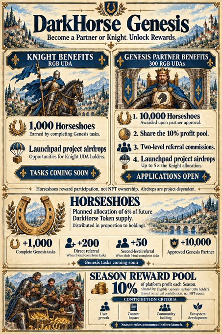 An ornate medieval-themed promotional infographic titled 'DarkHorse Genesis' detailing Knight and Genesis Partner benefits, horseshoes rewards, and a 10% season reward pool.