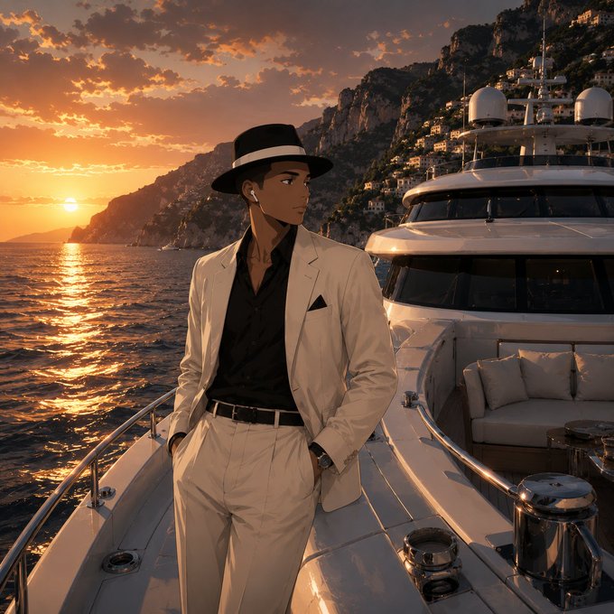 Anime-style illustration of a man in a white suit and black fedora standing on a luxury yacht at sunset, overlooking a coastal cliffside.