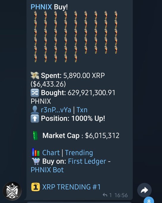 A crypto buy notification screenshot showing a purchase of PHNIX tokens, displaying "PHNIX Buy!", "Spent: 5,890.00 XRP ($6,433.26)", "Bought: 629,921,300.91 PHNIX", "Position: 1000% Up!", and "XRP TRENDING #1".